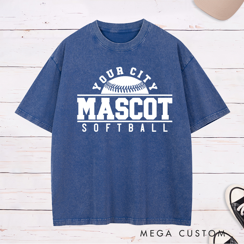 Personalized Softball Team Washed T-Shirt Design Featuring Custom City Name Team Name Bold Typography and Central Softball Graphic