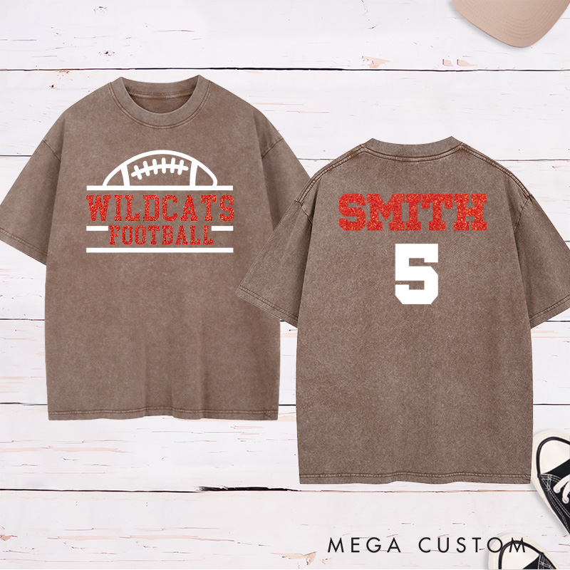 Personalized Glitter American Football and Rugby Washed T-Shirts with Custom Team Name and Number-Game Day Shirt