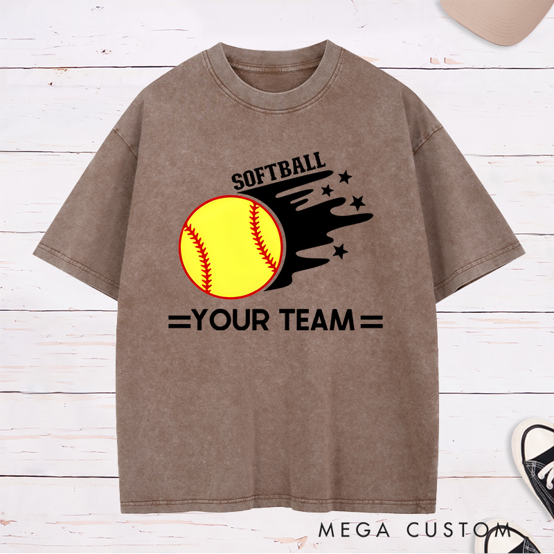 Personalized Softball Team Washed T-Shirt Design Featuring Customizable Team Name Bold Motion Trail Graphic with Stars and Striking Softball Element