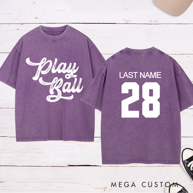 Personalized "Play Ball" Washed T-Shirt with Custom Name and Number
