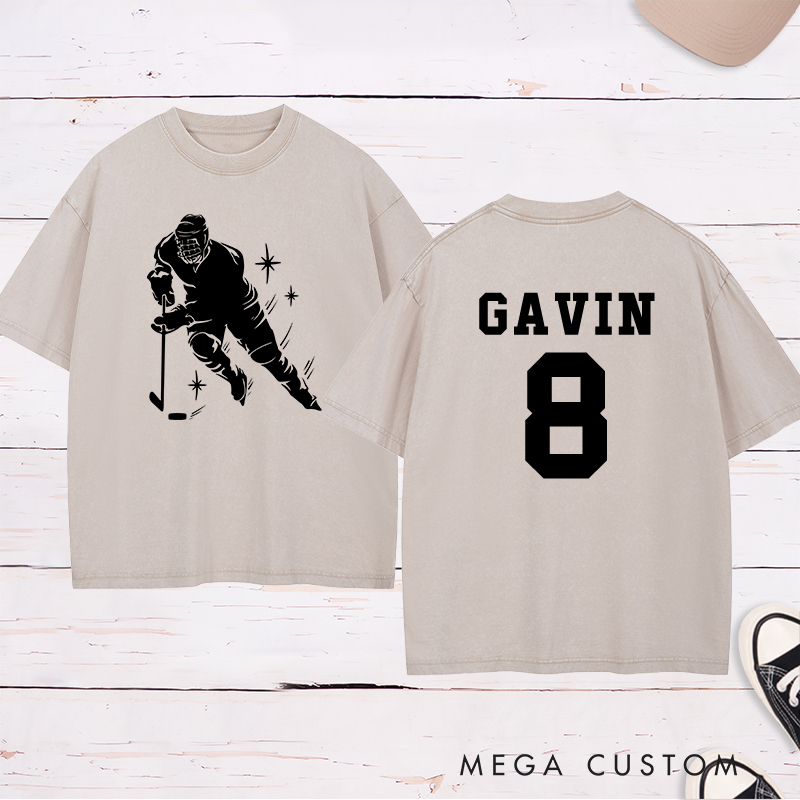 Personalized Hockey Player Silhouette Washed T-Shirt with Custom Name and Number