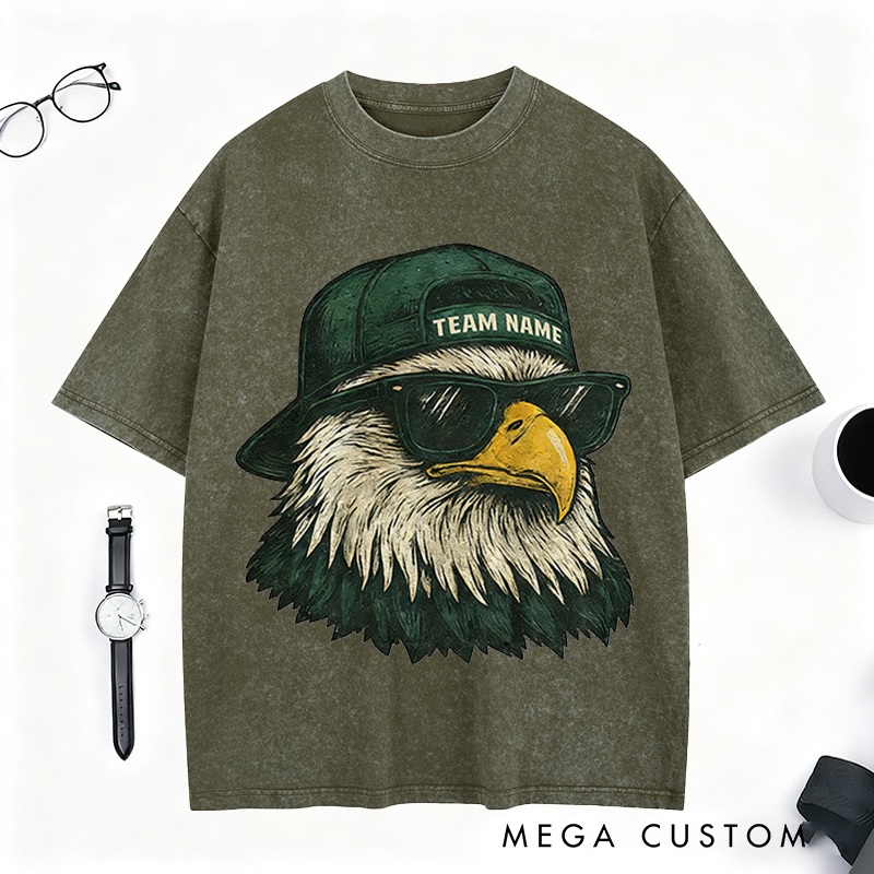 Personalized Football Mascot Washed T-Shirt with Cool Eagle Design and Custom Team Name