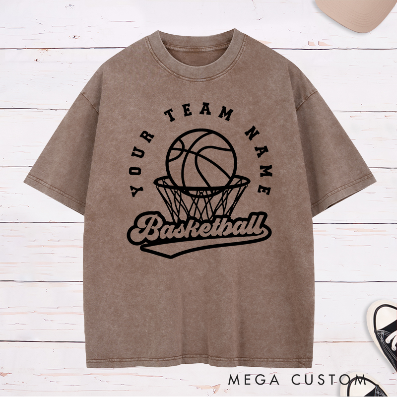 Personalized Washed T-Shirt Design Featuring Custom Team Name with Basketball Hoop and Ball Graphic for a Classic Sporty Look