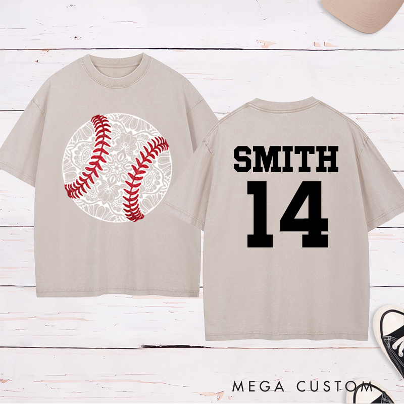Personalized Mandala Baseball Washed T-Shirt with Custom Name and Number