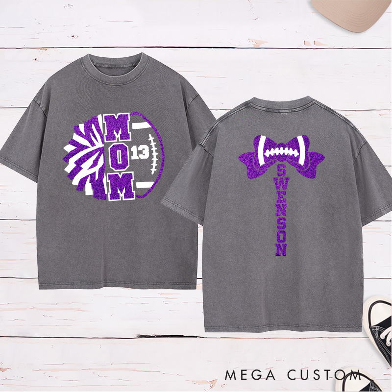 Personalized Glitter American Football and Rugby Cheer Mom Washed T-Shirt with Custom Name on the Back and Number on the Front