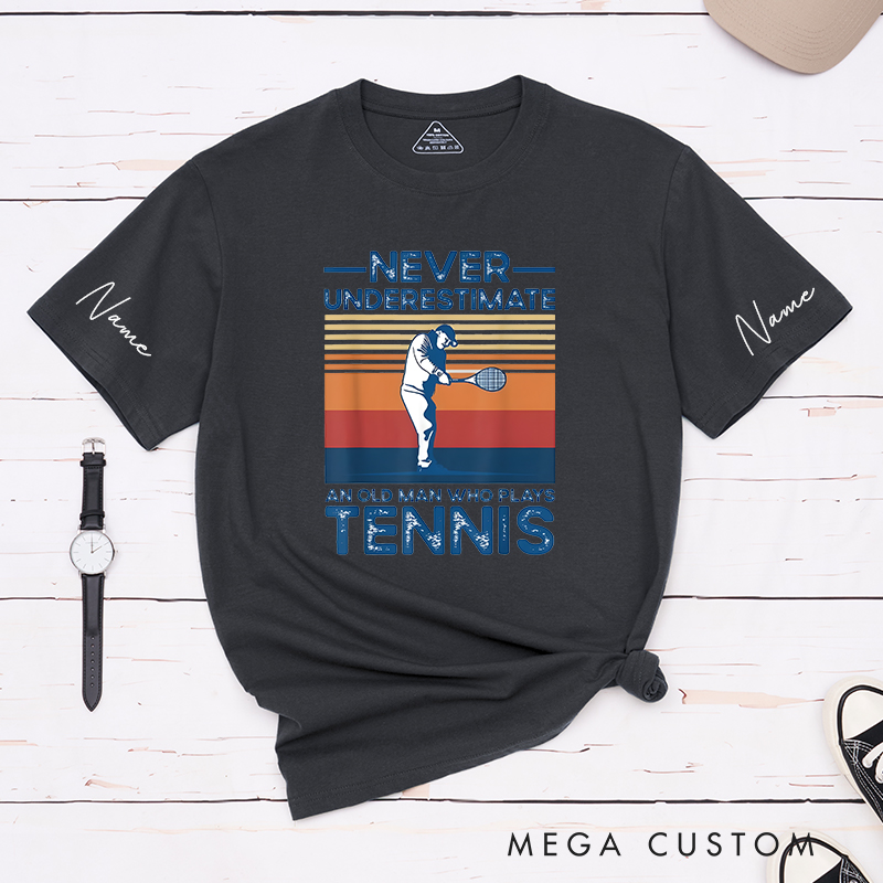 Personalized Tennis T-Shirt with Retro Sunset Graphic and Custom Name 