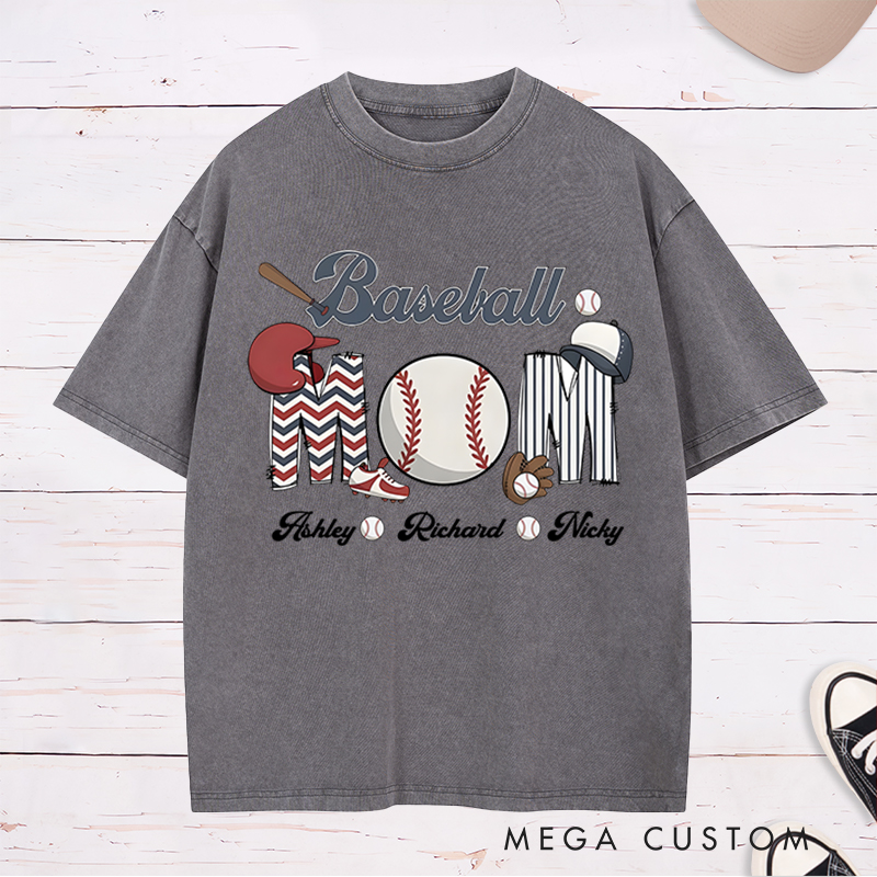 Personalized Baseball Mom Washed T-Shirt with Custom Names and Fun Sports-Themed Design