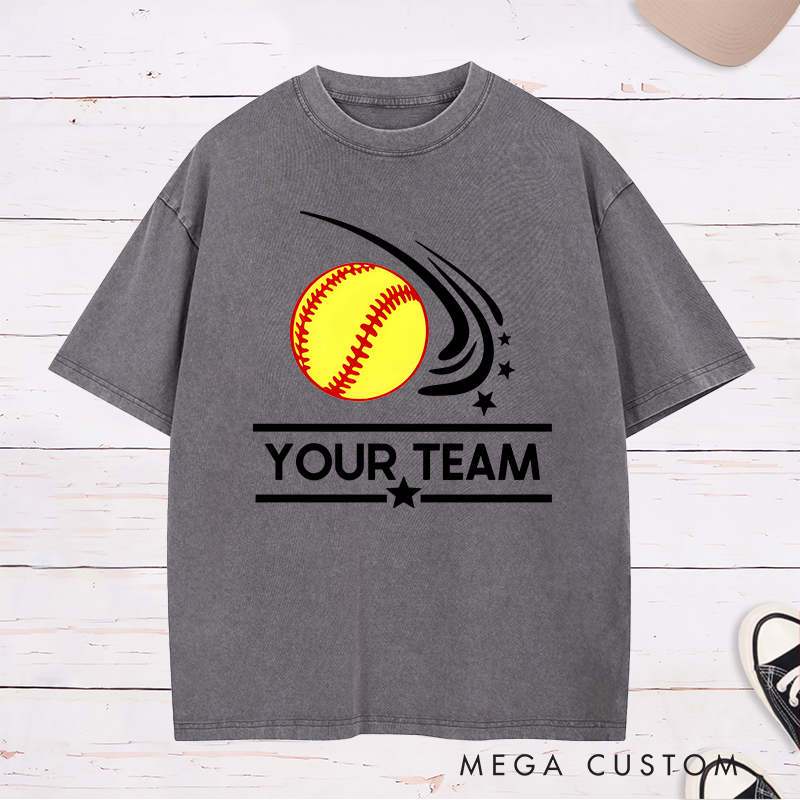 Personalized Softball Team Washed T-Shirt Design Featuring Customizable Team Name Dynamic Softball Motion Graphic and Star Accents
