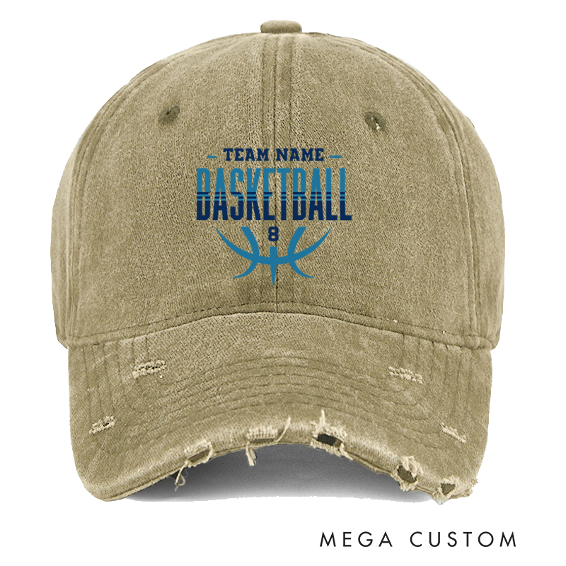 Personalized Distressed Denim Basketball Cap with Custom Team Name and Number Design
