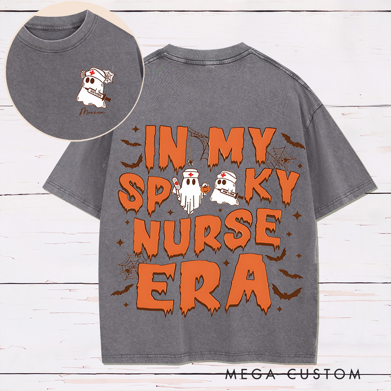 Personalized Two Sides Printed Washed T-Shirt Customized In My Spooky Nurse Era Design Washed T-Shirt 