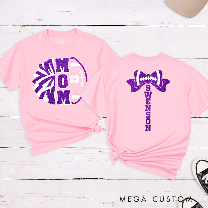 Personalized Glitter American Football and Rugby Cheer Mom T-Shirt with Custom Name on the Back and Number on the Front