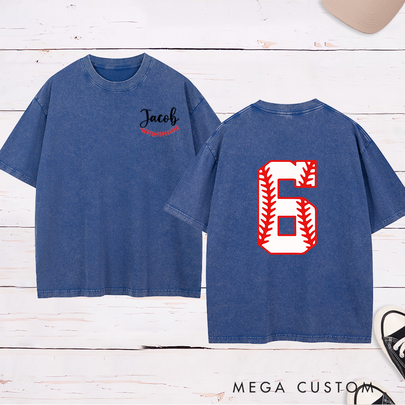 Personalized Sports Washed T-Shirt with Custom Name and Unique Baseball Stitch Number Design