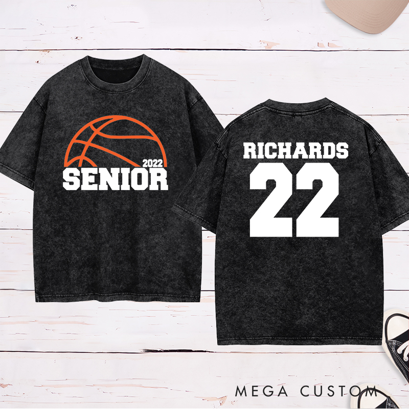 Personalized Washed T-Shirt Design Featuring Basketball Graphic and Customizable "Senior" Year Text for a Sporty and Memorable Look