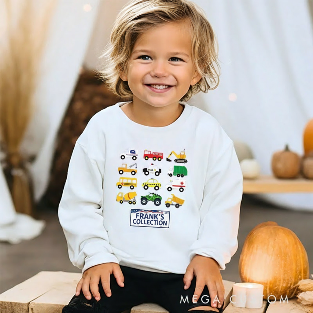 Personalized Kids Sweatshirt and Holiday Pullover with Colorful Vehicle Collection Design Featuring Cars Trucks and Excavators for a Fun Christmas Look