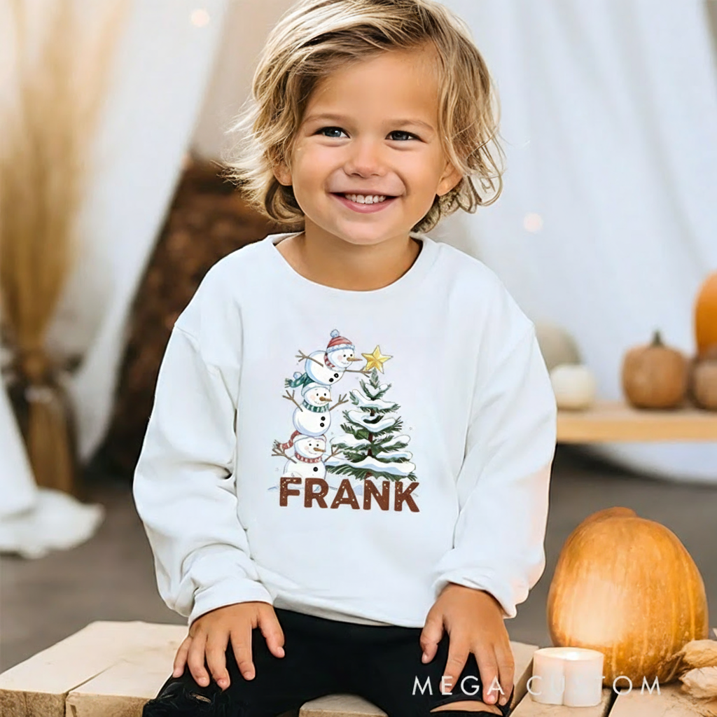 Personalized Kids Sweatshirt and Holiday Pullover with Snowman and Christmas Tree Design Featuring Festive Holiday Elements for a Merry Winter Look