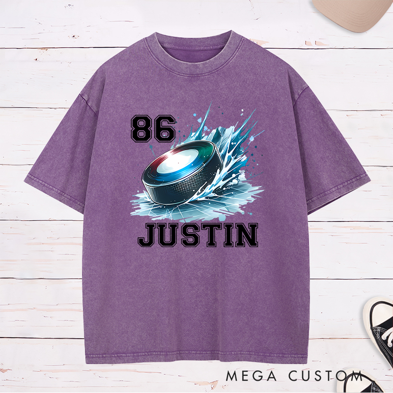 Personalized Hockey Washed T-Shirt with Splashed Ice Puck Design and Custom Name