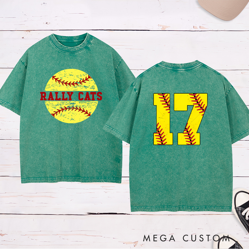 Personalized Softball Washed T-Shirt Design Featuring Distressed Player Number with Bold Softball Stitching Graphics