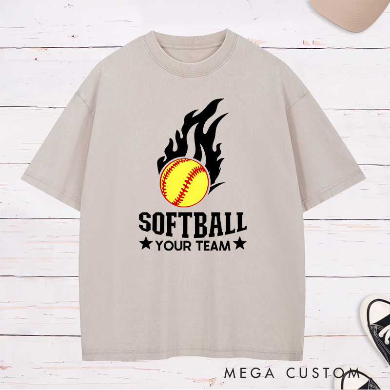 Personalized Softball Team Washed T-Shirt Design Featuring Customizable Team Name Fiery Softball Graphic with Bold Star Accents