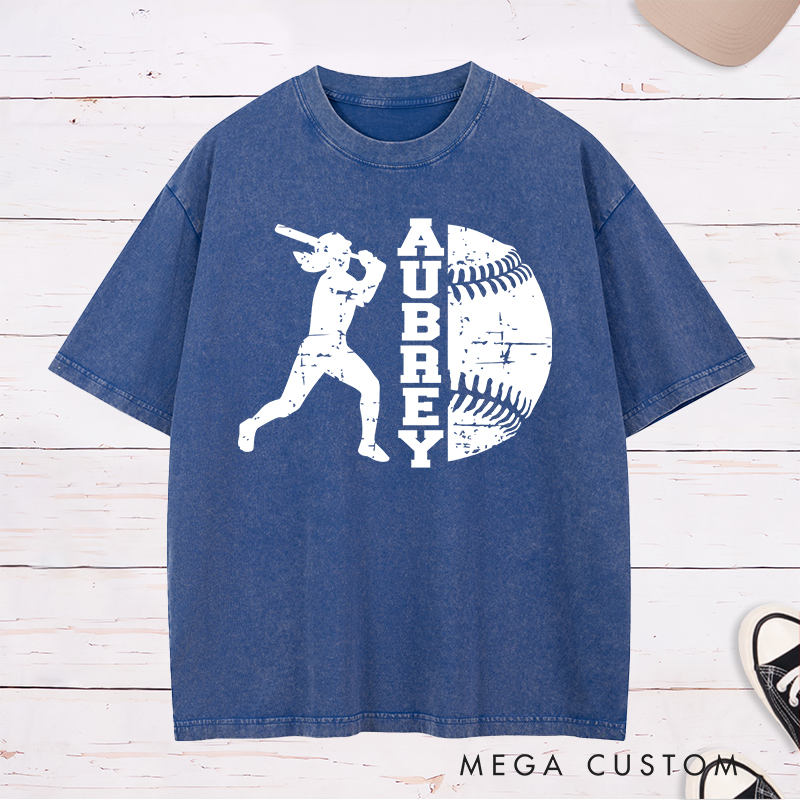 Personalized Softball Player Washed T-Shirt Design Featuring Batter Silhouette Distressed Softball Graphic and Customizable Name Text