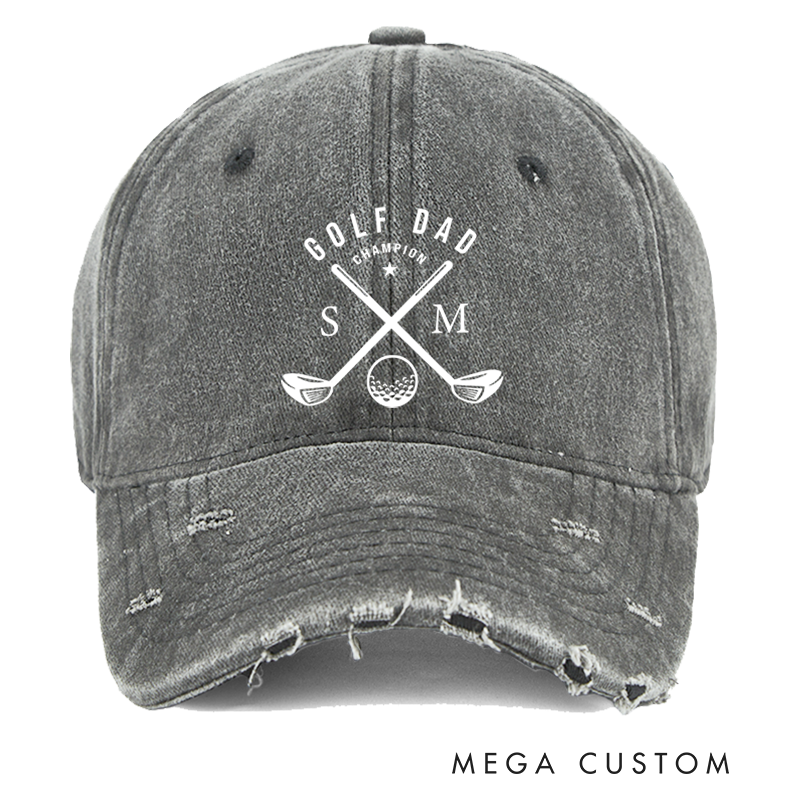 Personalized Golf Dad Distressed Denim Baseball Cap with Custom Initials Champion Text and Crossed Golf Club Design for Proud Golf Enthusiast Fathers