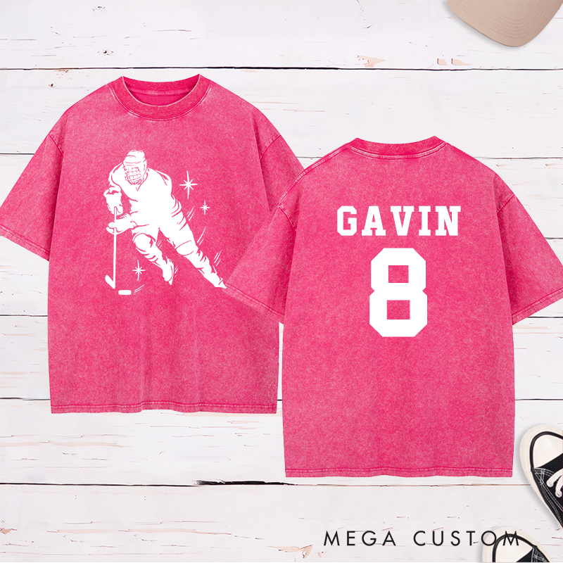 Personalized Hockey Player Silhouette Washed T-Shirt with Custom Name and Number