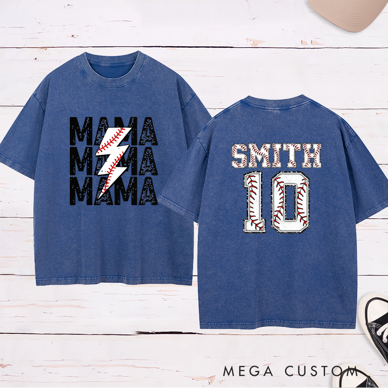 Personalized Baseball Mama Washed T-Shirt with Custom Name and Number