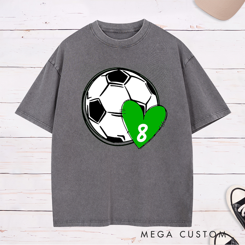 Personalized Soccer Love Washed T-Shirt with Custom Number in Heart
