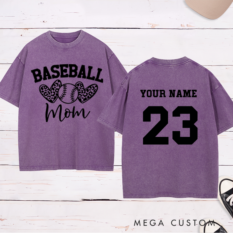 Personalized "Baseball Mom" Leopard Heart Washed T-Shirt with Custom Name and Number