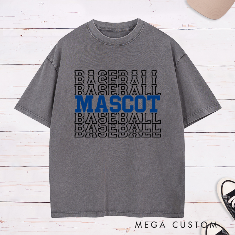 Personalized Baseball Washed T-Shirt Featuring Team Name and Repeating Text Pattern
