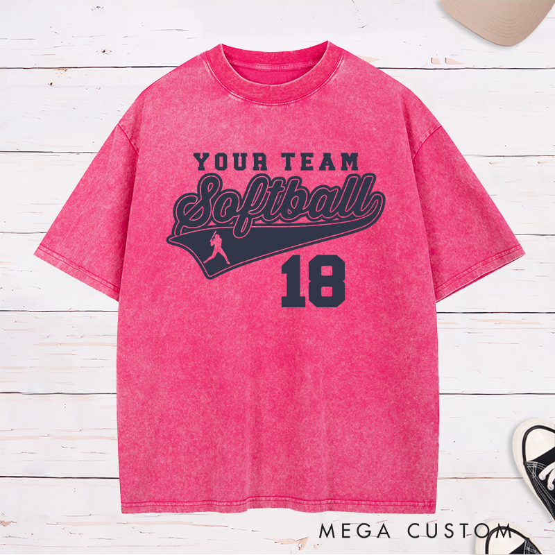 Personalized Softball Team Washed T-Shirt Design Featuring Customizable Team Name Bold Script Softball Text Dynamic Swoosh Element Player Silhouette and Custom Number