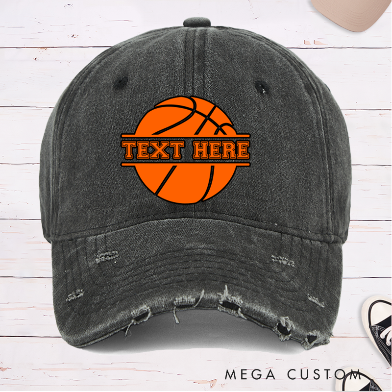 Personalized Distressed Basketball Cap with Custom Text and Bold Basketball Graphic Design