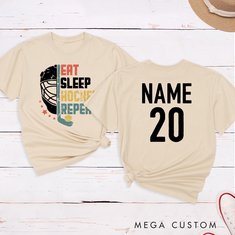 Personalized "Eat, Sleep, Hockey, Repeat" T-Shirt with Custom Name and Number