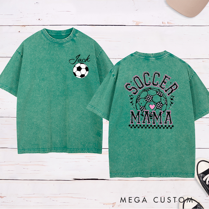 Personalized Soccer Mama Washed T-Shirt with Vibrant Pink Details and Custom Name and Number 