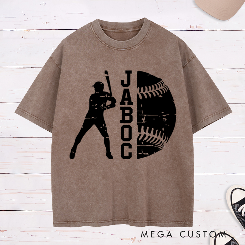 Personalized Baseball Washed T-Shirt with Batter Silhouette and Custom Name Design