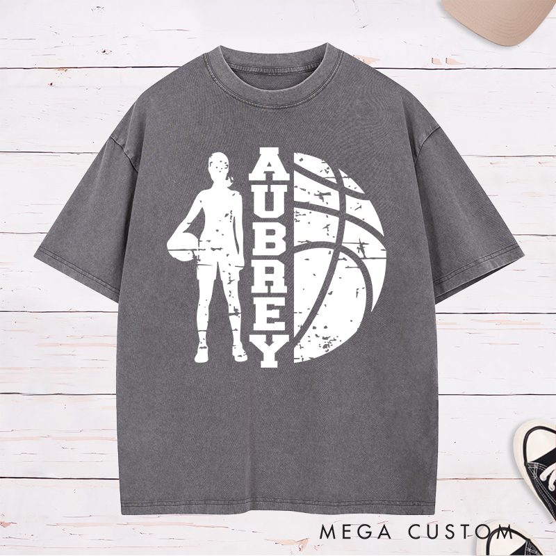 Personalized Washed T-Shirt Design Featuring a Bold Basketball Player Silhouette with Customizable Vertical Name and Distressed Graphic Style