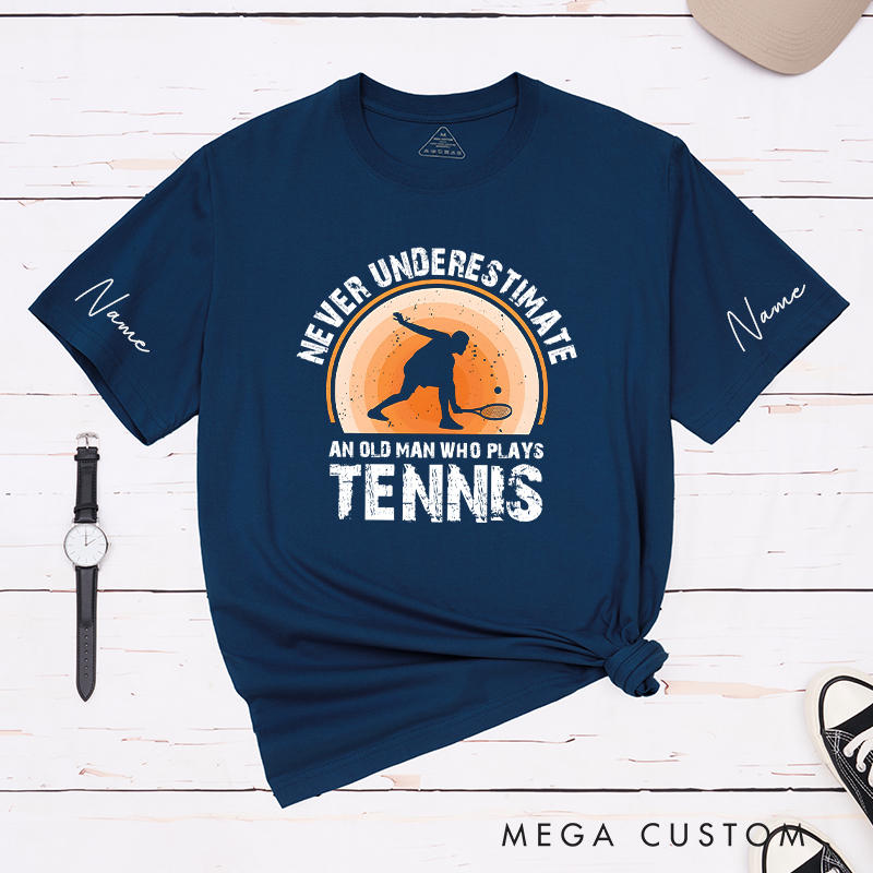 Personalized Tennis T-Shirt with "Never Underestimate" Graphic and Custom Name
