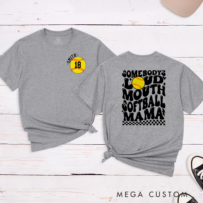 Personalized "Loud Mouth Softball Mama" T-Shirt Design Featuring Bold Retro Text Custom Name and Player Number