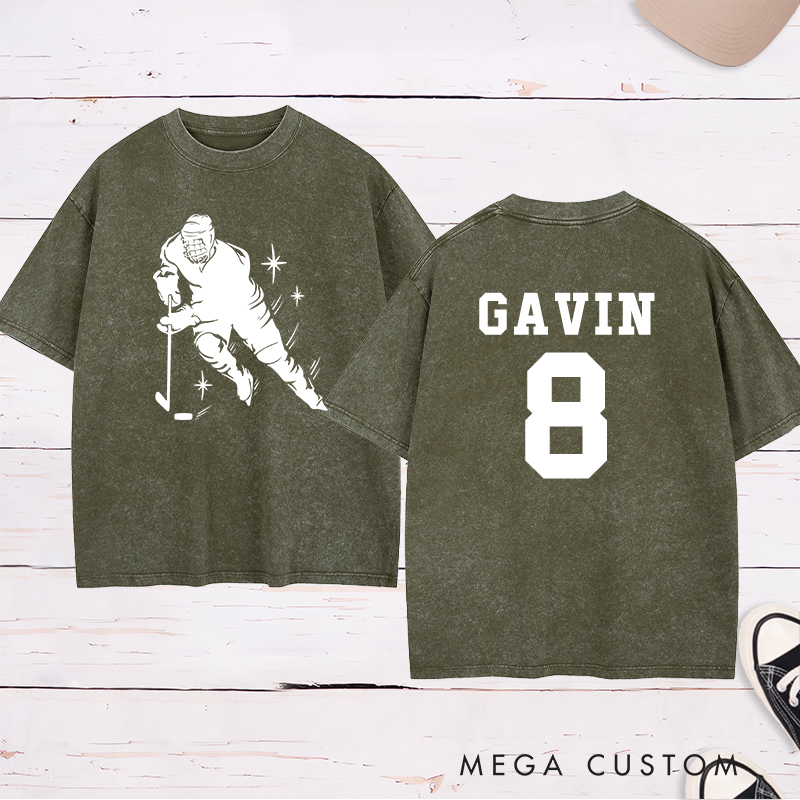 Personalized Hockey Player Silhouette Washed T-Shirt with Custom Name and Number