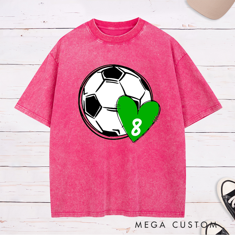 Personalized Soccer Love Washed T-Shirt with Custom Number in Heart