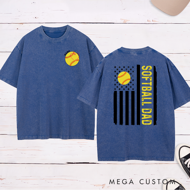 Personalized Softball Dad Washed T-Shirt with Custom Name and Number Patriotic Design Perfect Gift for Proud Softball Dads