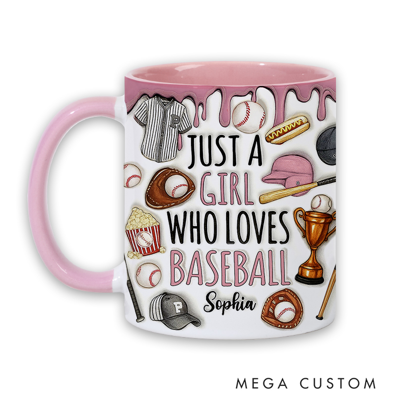 Personalized Baseball Lover’s Mug with "Just a Girl Who Loves Baseball" Design and Custom Name