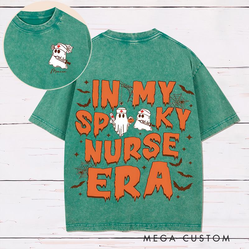 Personalized Two Sides Printed Washed T-Shirt Customized In My Spooky Nurse Era Design Washed T-Shirt 