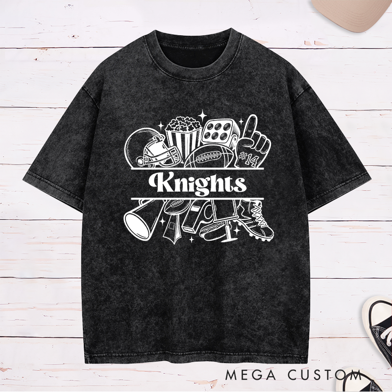 Personalized American Football Fun Iconic Design Washed T-Shirts Custom Text and Number