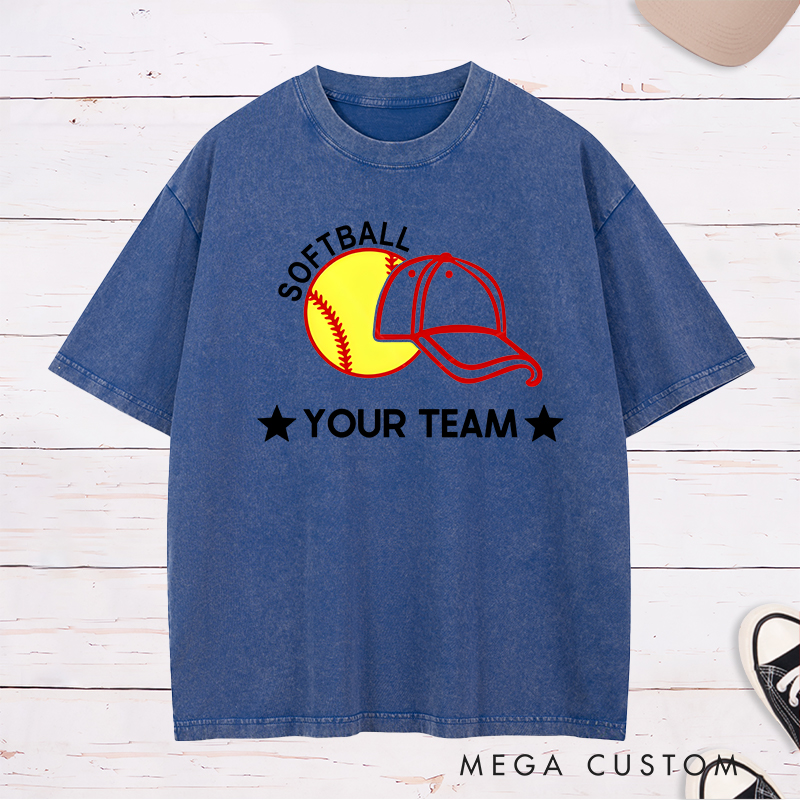 Personalized Softball Team Washed T-Shirt Design Featuring Customizable Team Name Bold Softball Graphic and Baseball Cap Element
