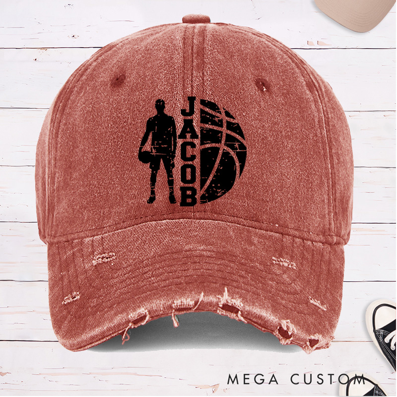 Personalized Distressed Denim Basketball Cap with Custom Name Player Silhouette and Bold Graphic Design