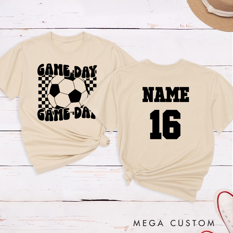 Personalized Game Day Soccer T-Shirt with Bold Checkerboard Design and Custom Name and Number