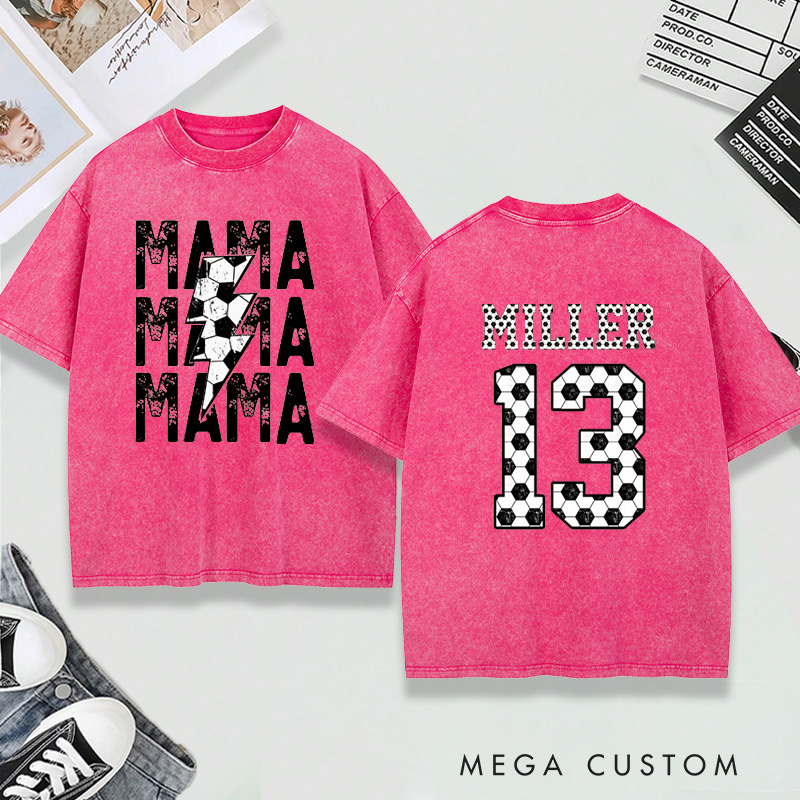 Personalized Washed T-Shirt "Mama" Soccer with Custom Name and Number Design