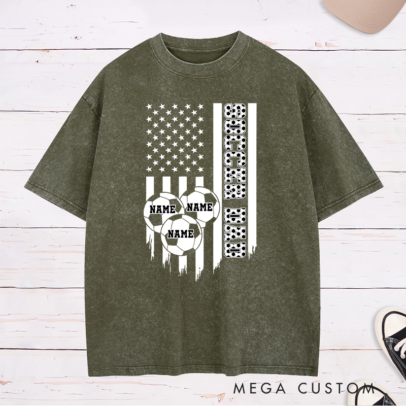 Personalized Soccer Dad Washed T-Shirt with American Flag and Custom Name