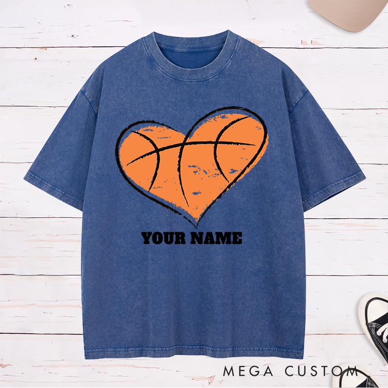 Personalized Washed T-Shirt Design Featuring a Heart-Shaped Basketball Graphic with Customizable Name for a Unique and Stylish Look