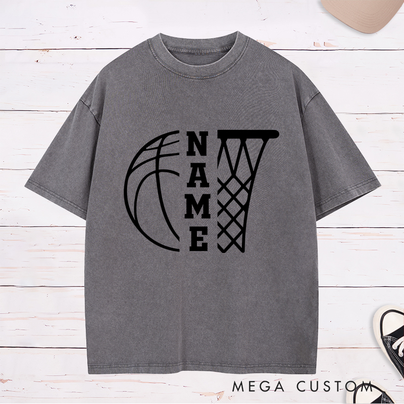 Personalized Washed T-Shirt Design Featuring a Basketball and Hoop Graphic with Customizable Vertical Name